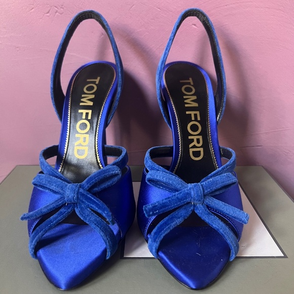 Tom Ford Satin Bow Slingback Sandals Cobalt Blue 39 IT NWOT